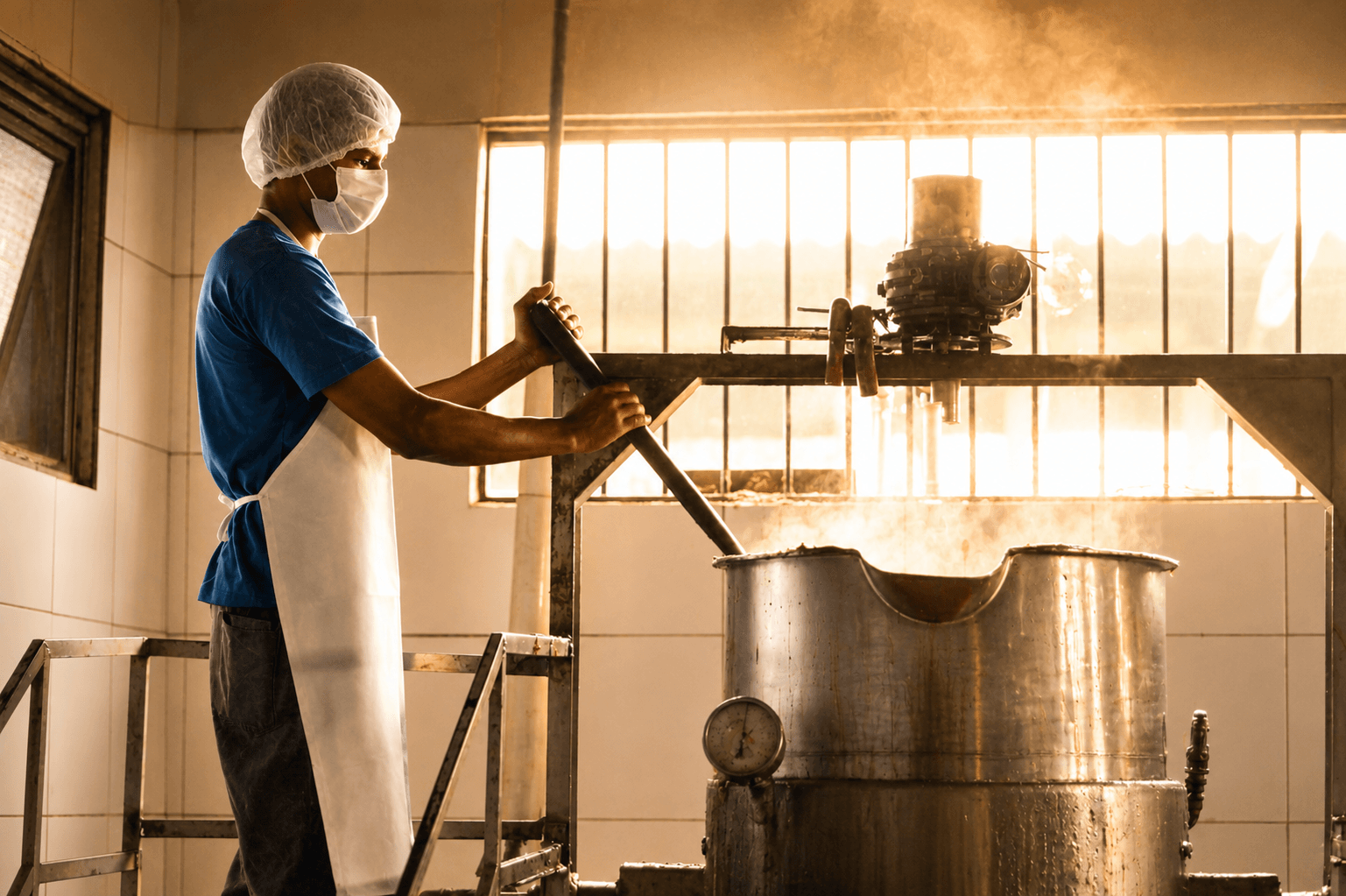 Colaborador acompanhando a produção do açúcar mascavo